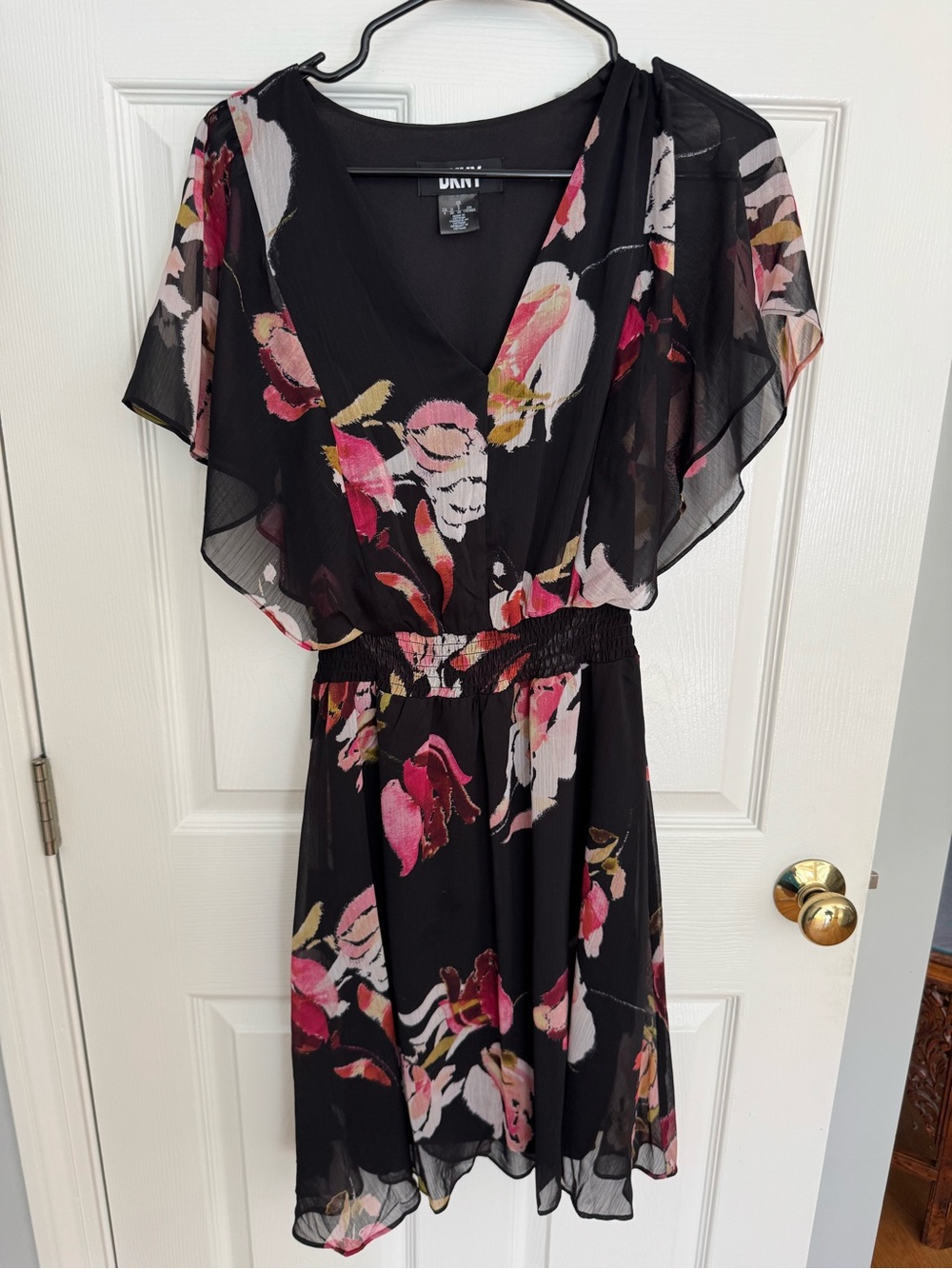 DKNY Black Floral Midi Dress with Pink & Cream Accents